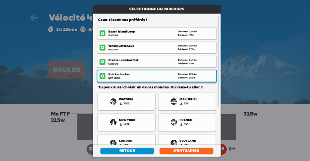 Choix de parcours home-trainer